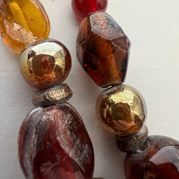 Boho Glass Beaded Fall Colors Red Orange Honey Amber Brass Tone Costume Necklace - Picture 7 of 8